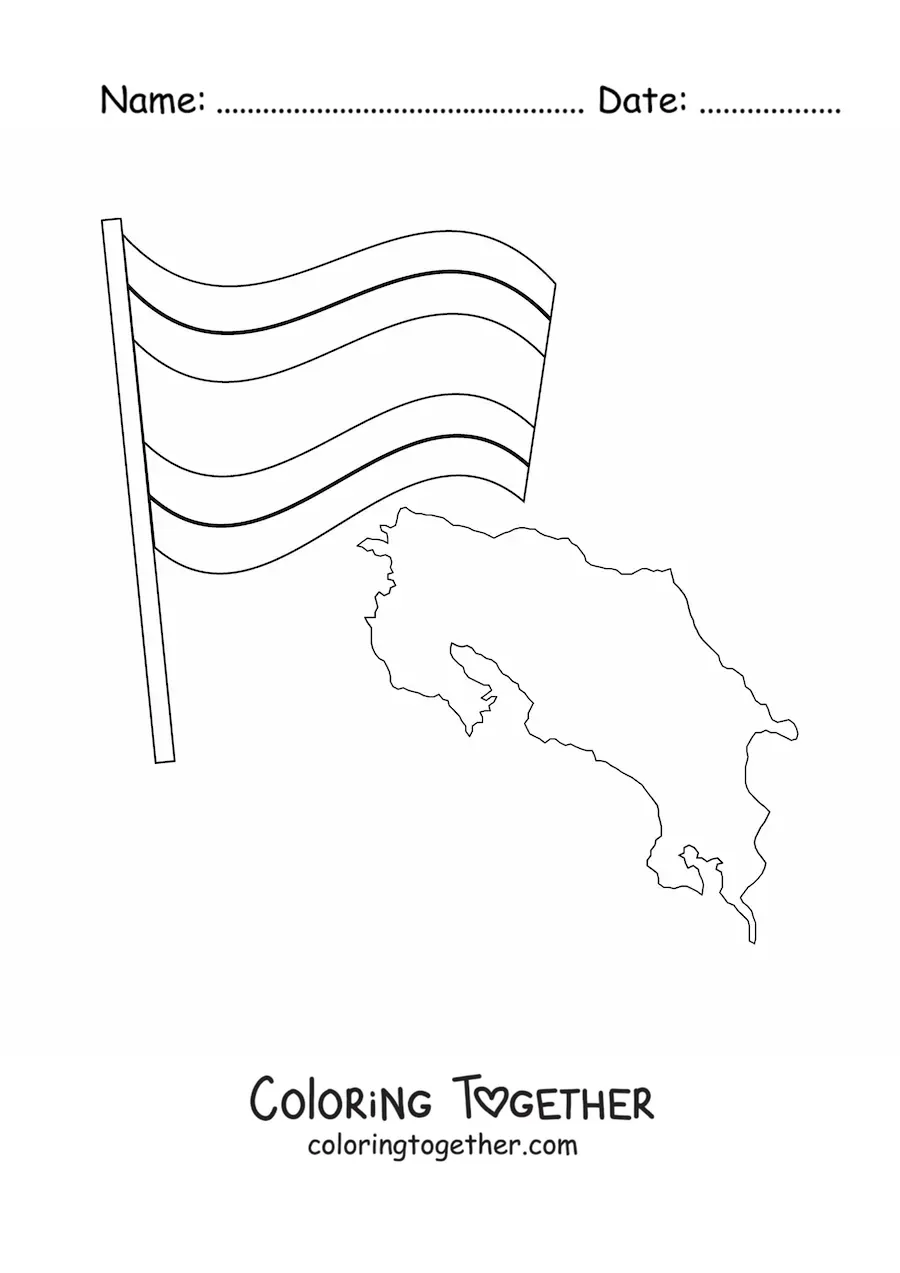 Coloring page of the flag of Costa Rica next to a map
