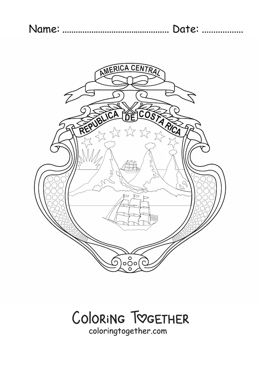 Coloring page of the coat of arms of the flag of Costa Rica