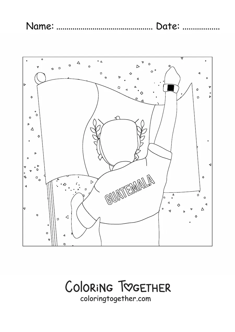 Coloring page of a man celebrating in front of the flag of Guatemala
