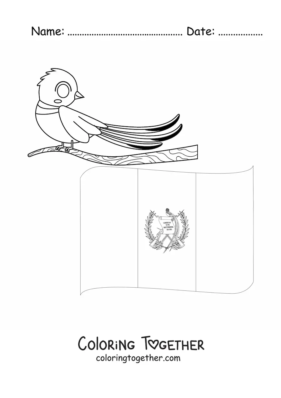 Coloring page of the flag of Guatemala with the national bird