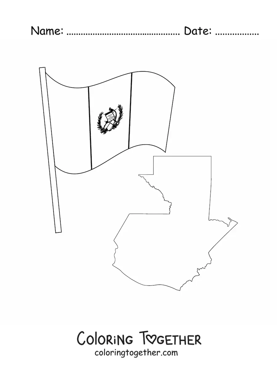 Coloring page of the flag of Guatemala with a map