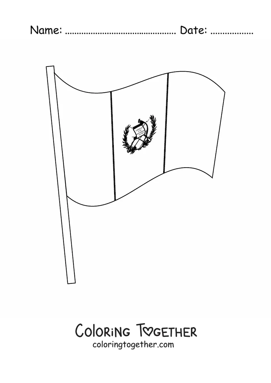 Coloring page of the flag of Guatemala waving on a flagpole