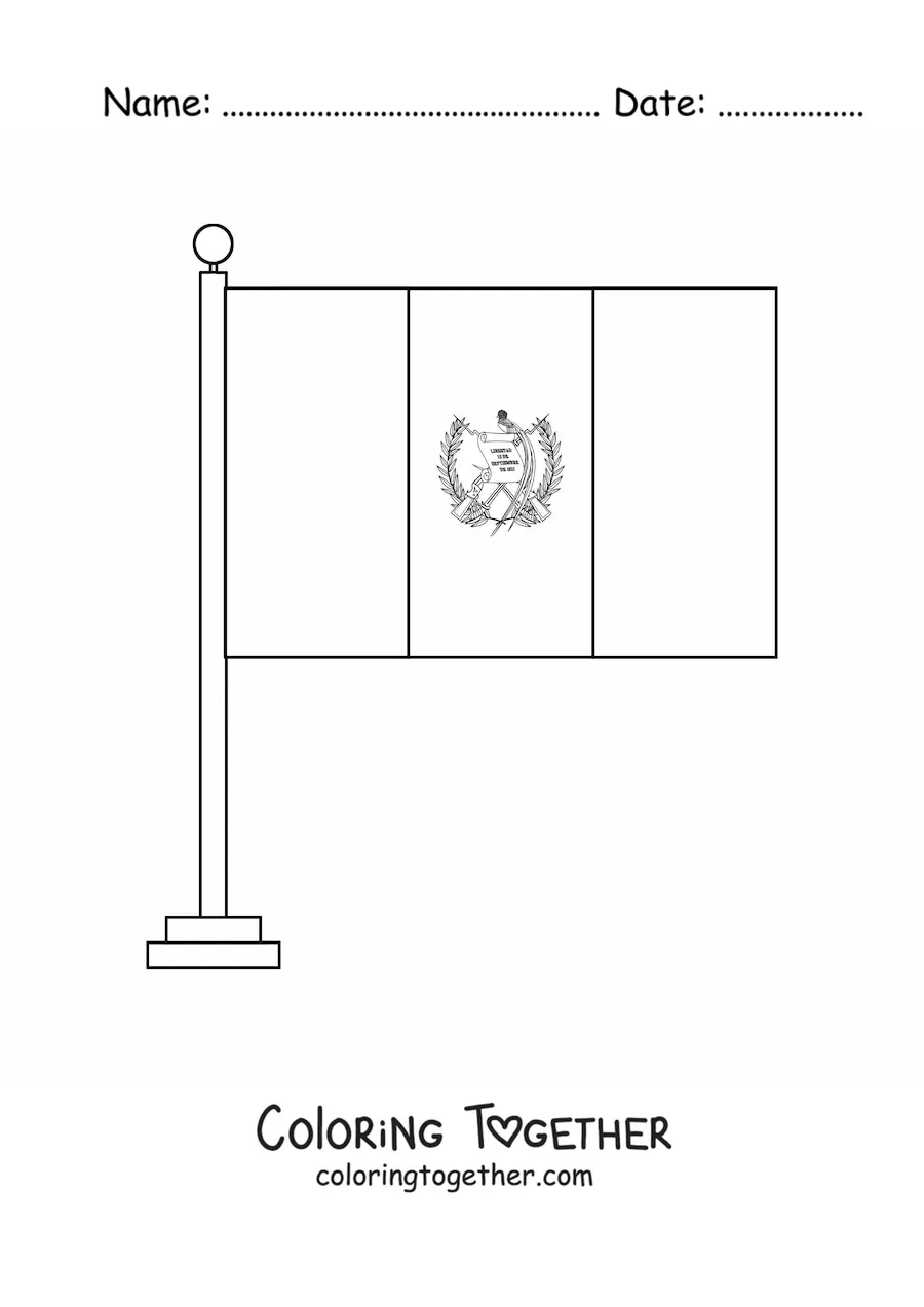 Coloring page of the flag of Guatemala on a flagpole