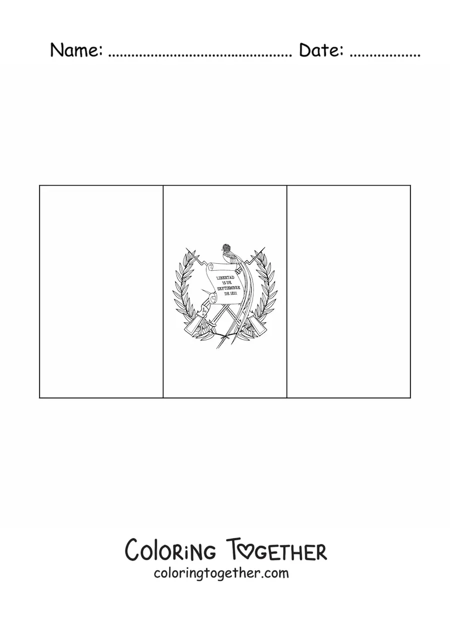 Coloring page of the horizontal flag of Guatemala with coat of arms
