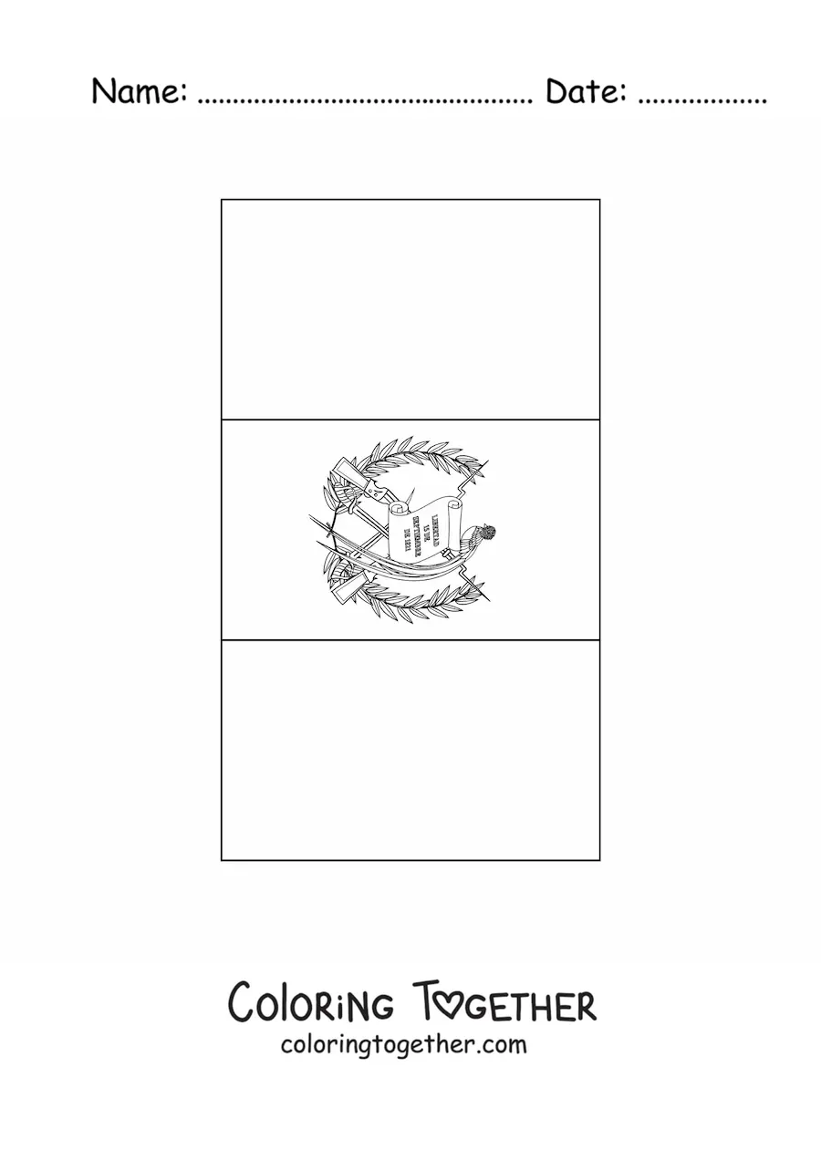 Coloring page of the vertical flag of Guatemala with coat of arms