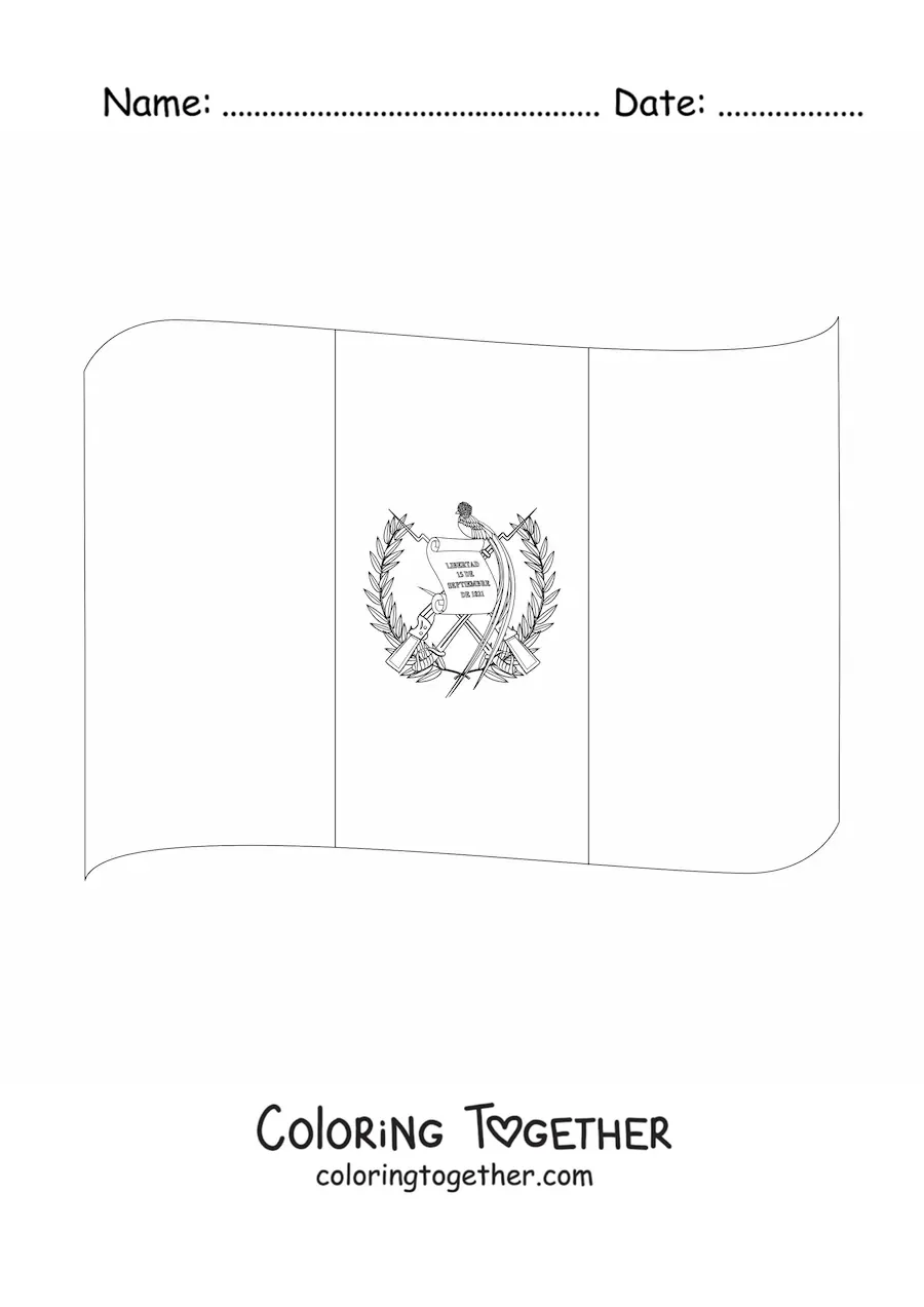 Coloring page of the flag of Guatemala waving with coat of arms