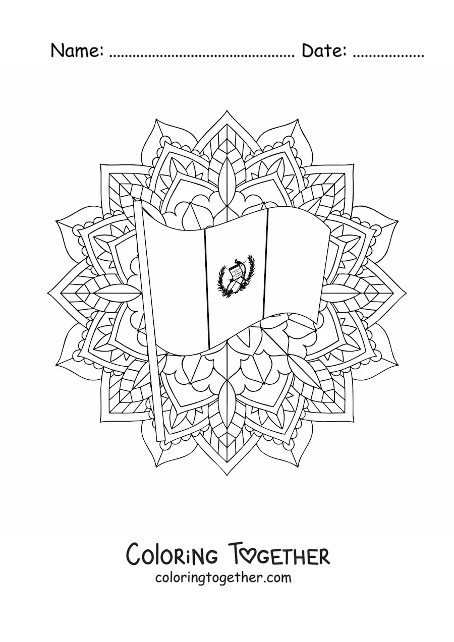 Coloring page of the flag of Guatemala with a mandala