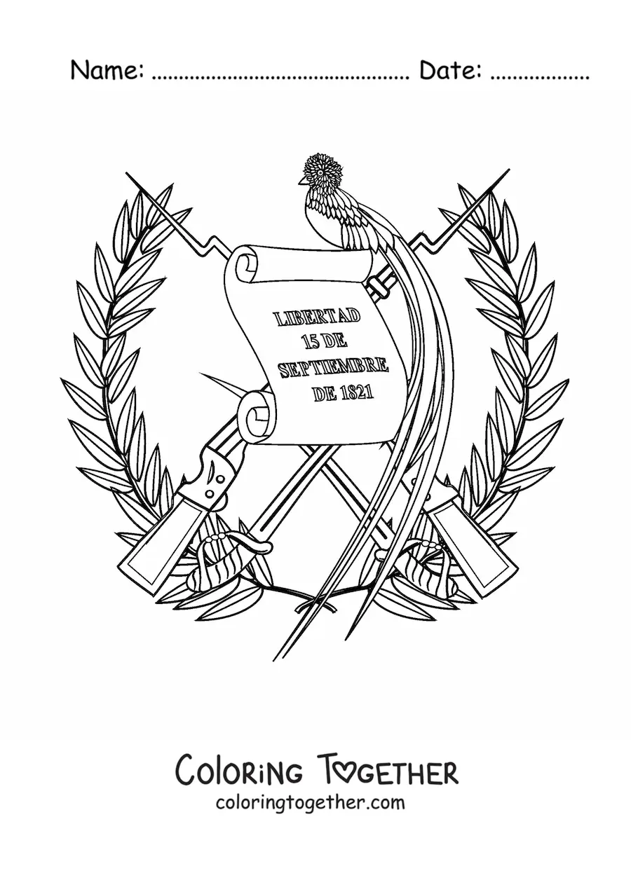 Coloring page of the coat of arms of the flag of Guatemala