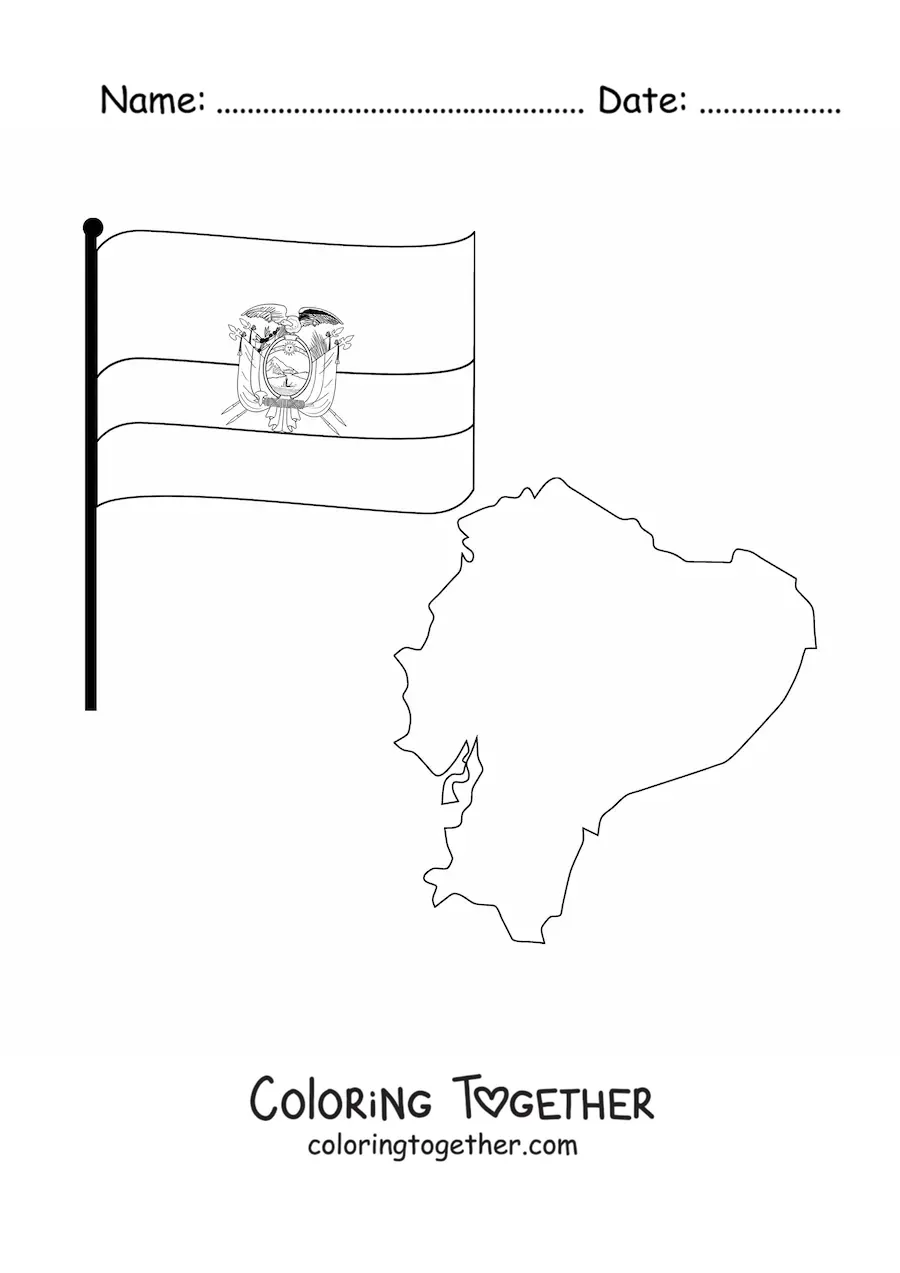 Coloring page of the flag of Ecuador next to a map