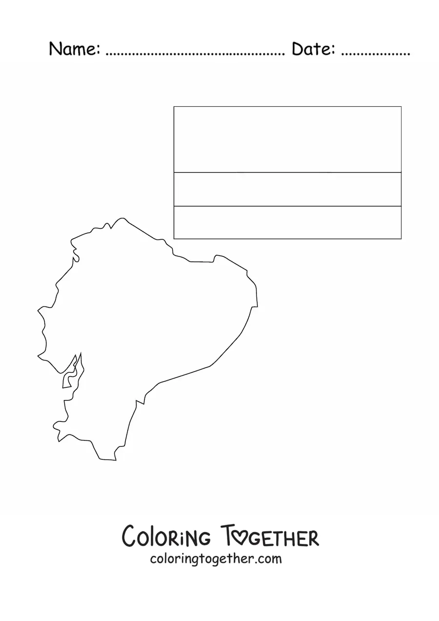 Coloring page of the flag of Ecuador without coat of arms with a map
