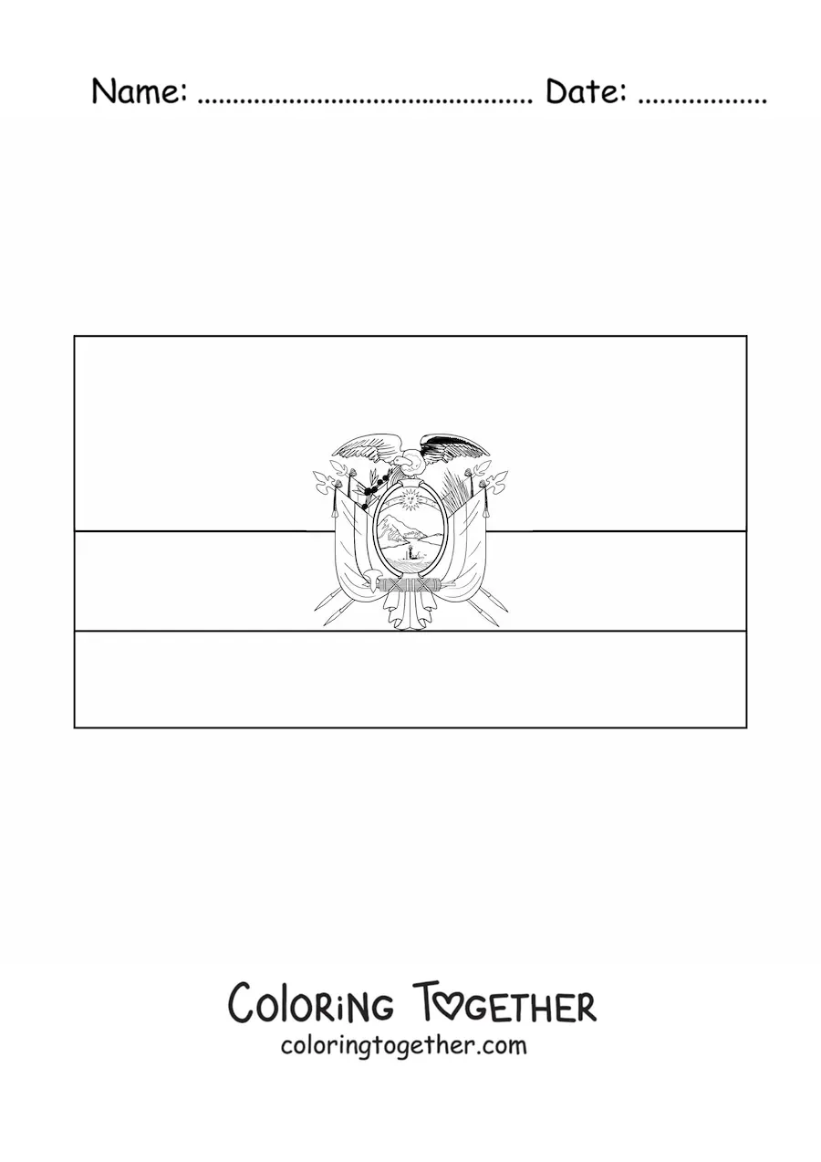 Coloring page of the horizontal flag of Ecuador with coat of arms
