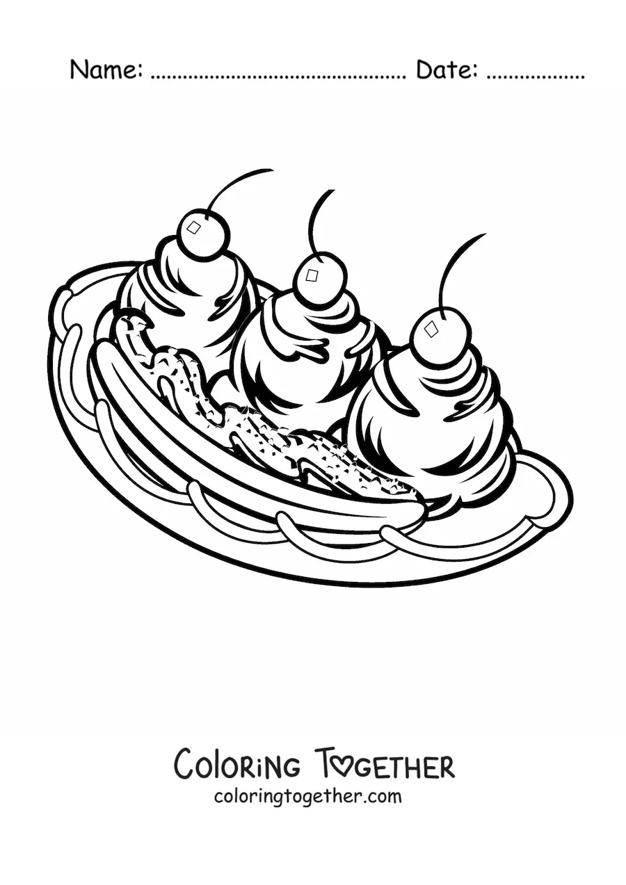 Coloring page of a banana split ice cream