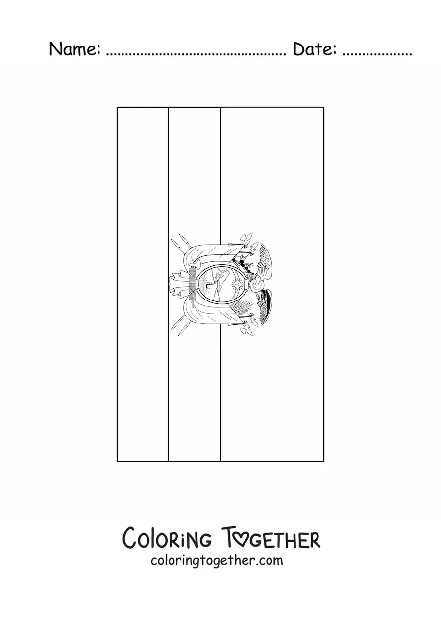 Coloring page of the vertical flag of Ecuador with coat of arms