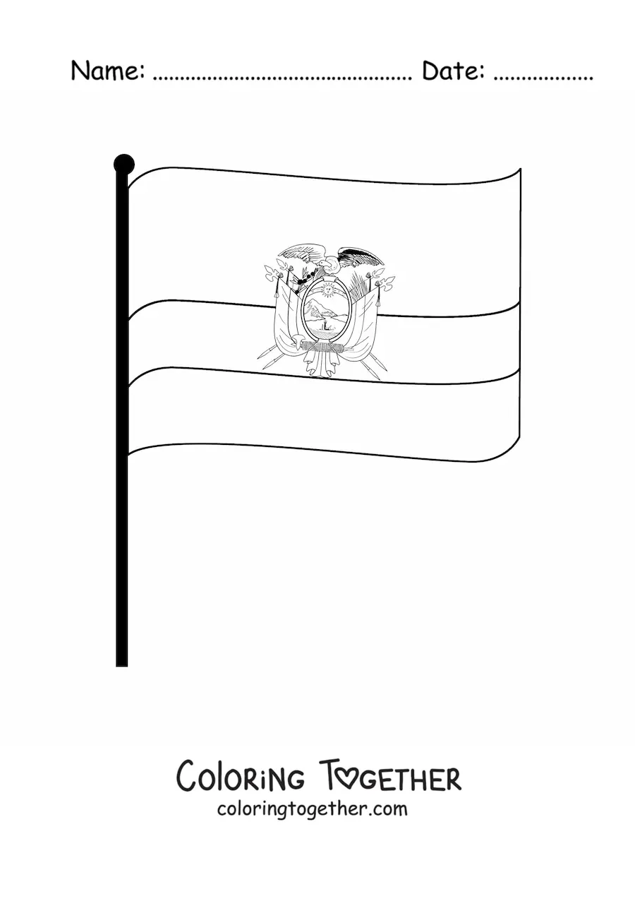 Coloring page of the flag of Ecuador on a flagpole