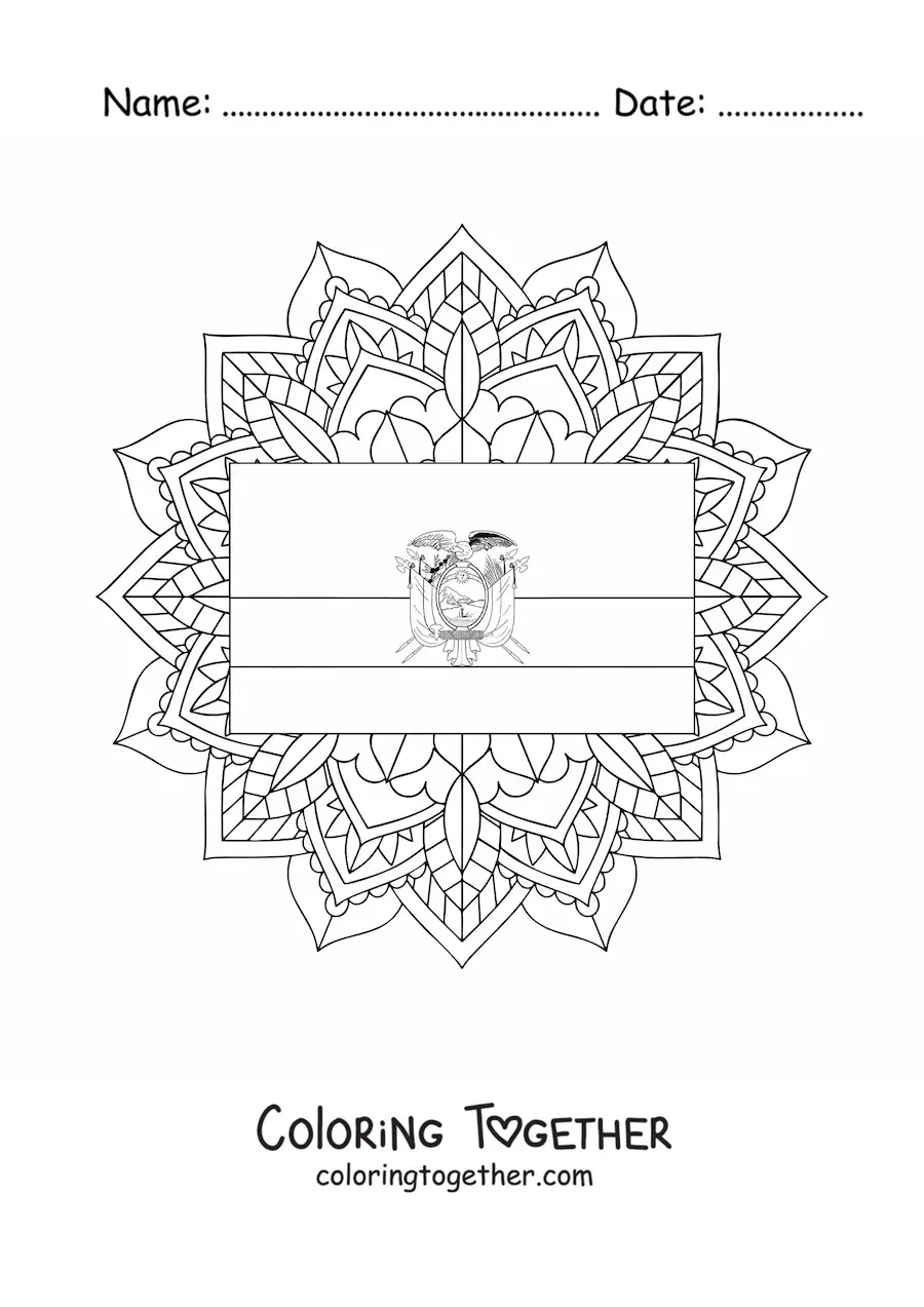 Coloring page of the flag of Ecuador with a mandala