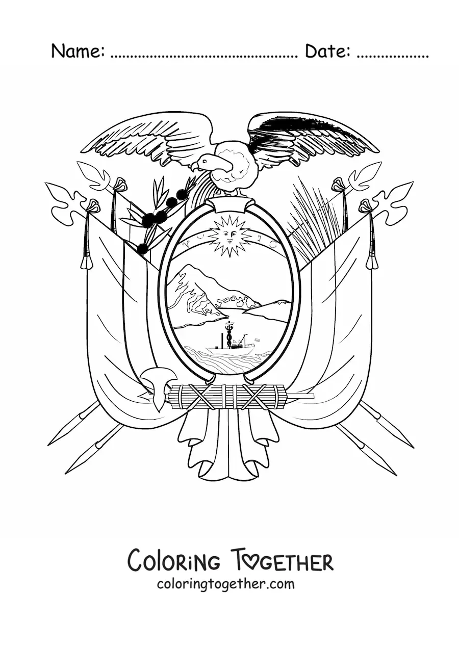 Coloring page of the coat of arms on the flag of Ecuador