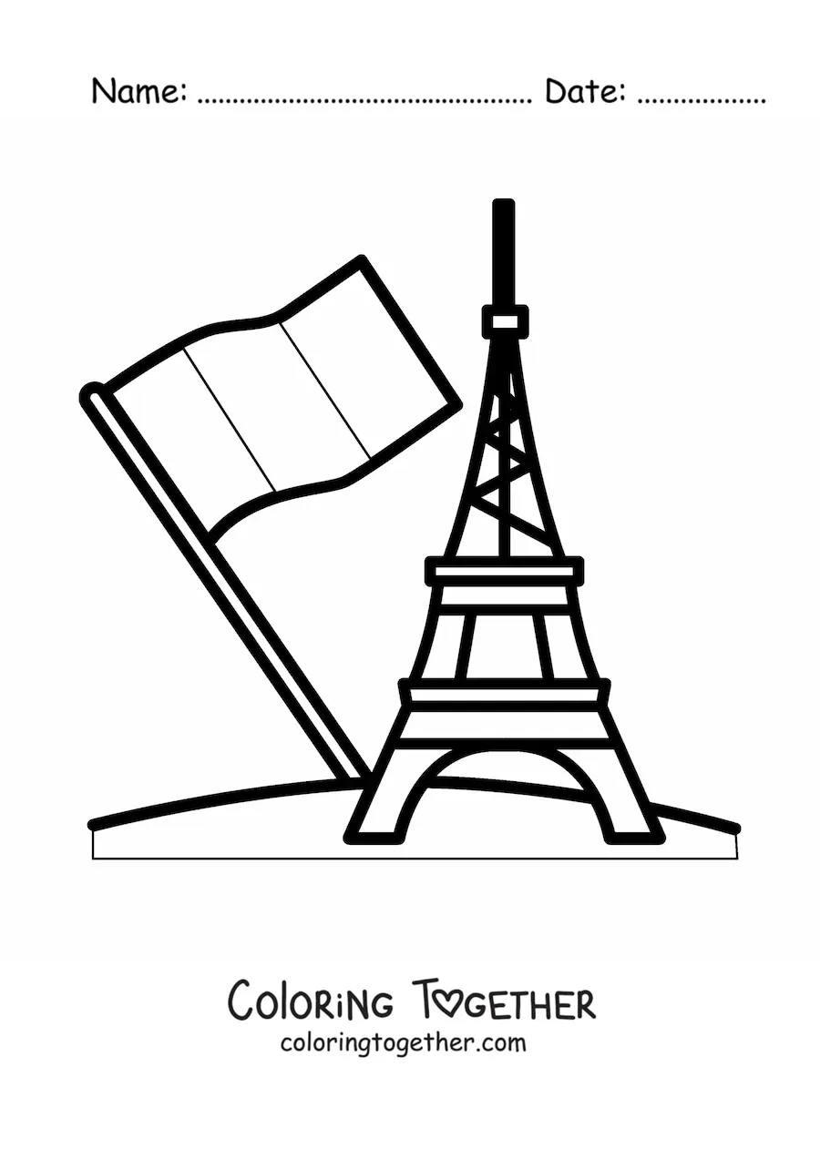 Coloring page of the flag of France with the Eiffel Tower