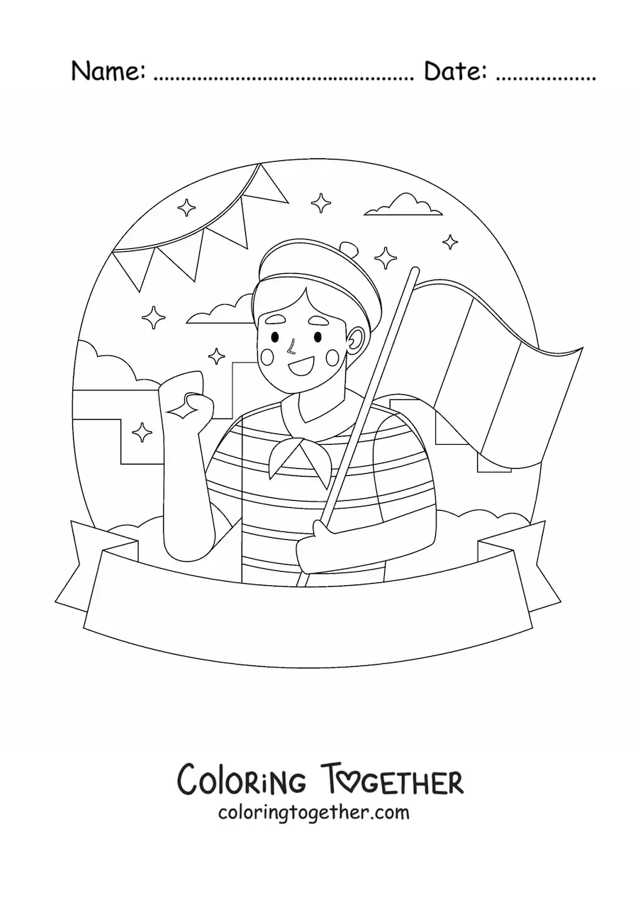 Coloring page of a man in a beret holding the flag of France