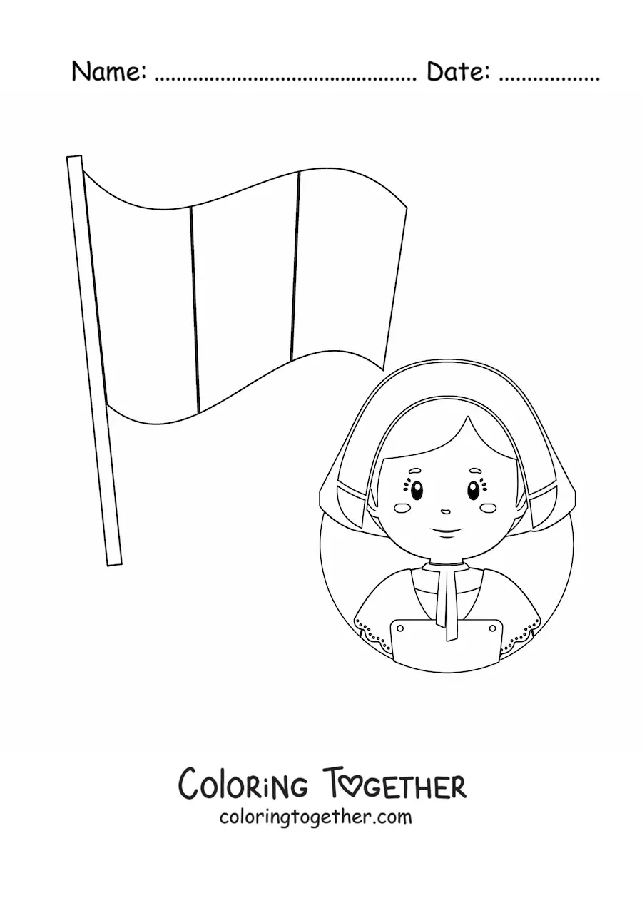 Coloring page of a woman next to the flag of France