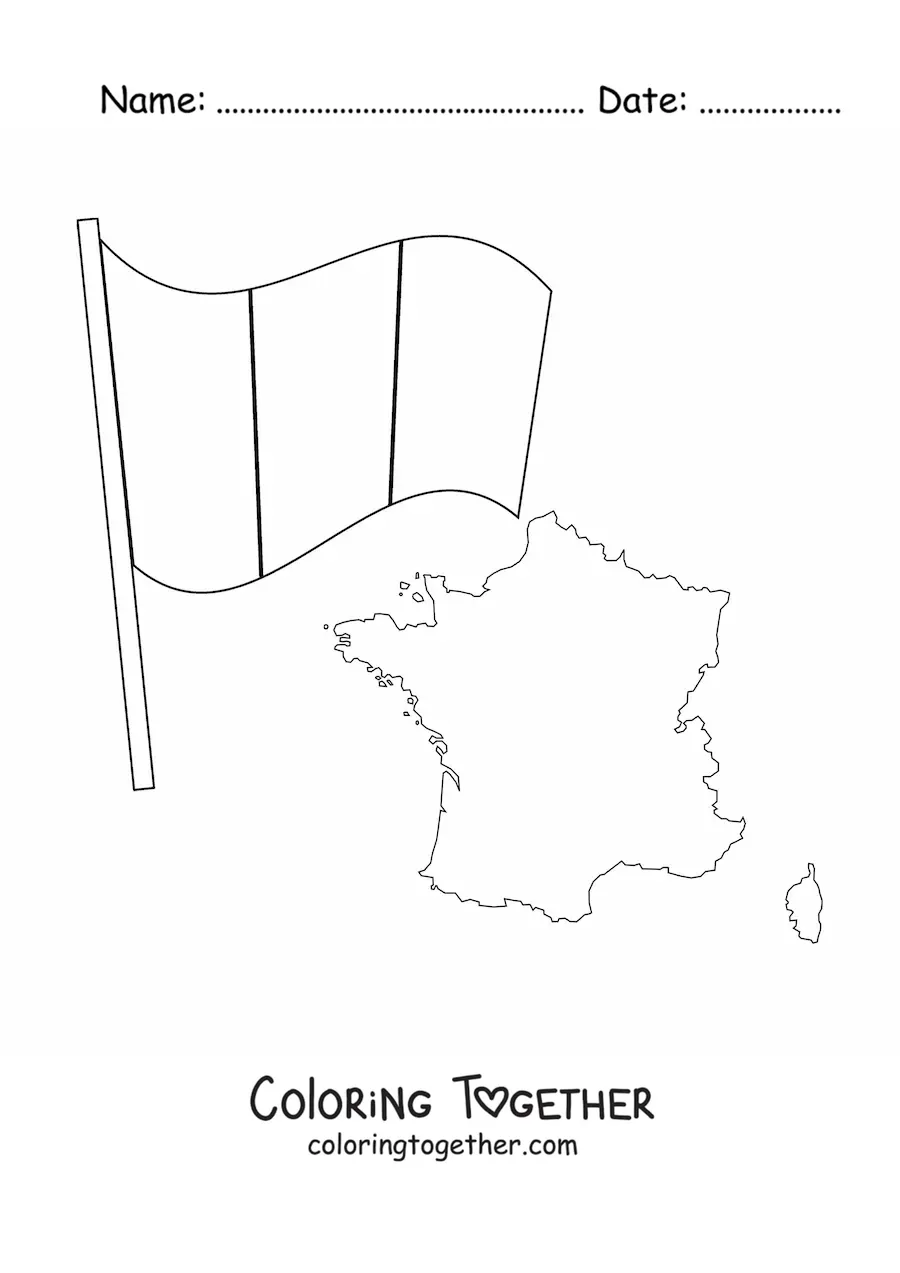 Coloring page of the flag of France next to a map