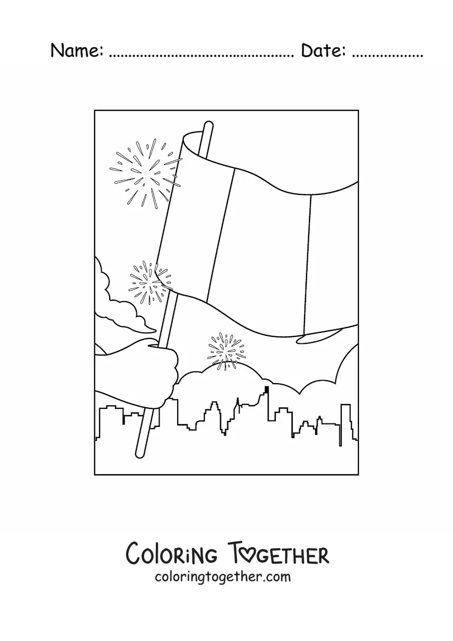 Coloring page of a hand holding the flag of France in the city