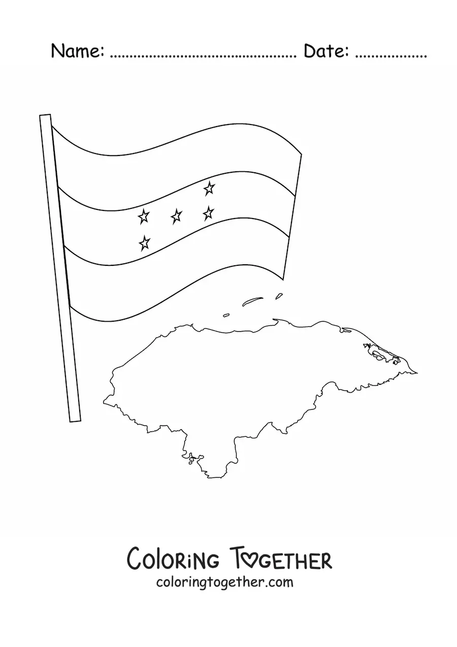 Coloring page of the flag of Honduras next to a map