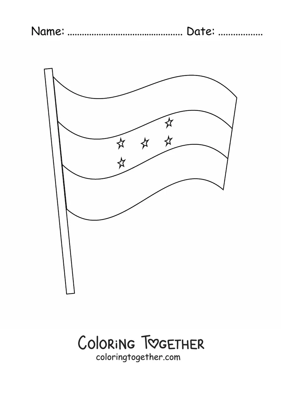 Coloring page of the flag of Honduras waving on a pole