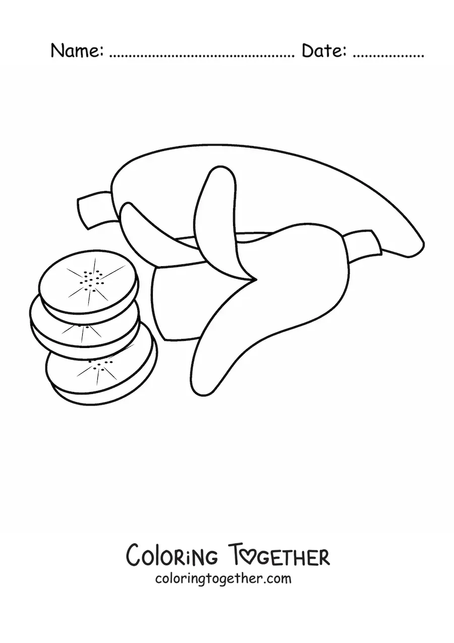 Coloring page of a whole banana next to a banana cut into pieces