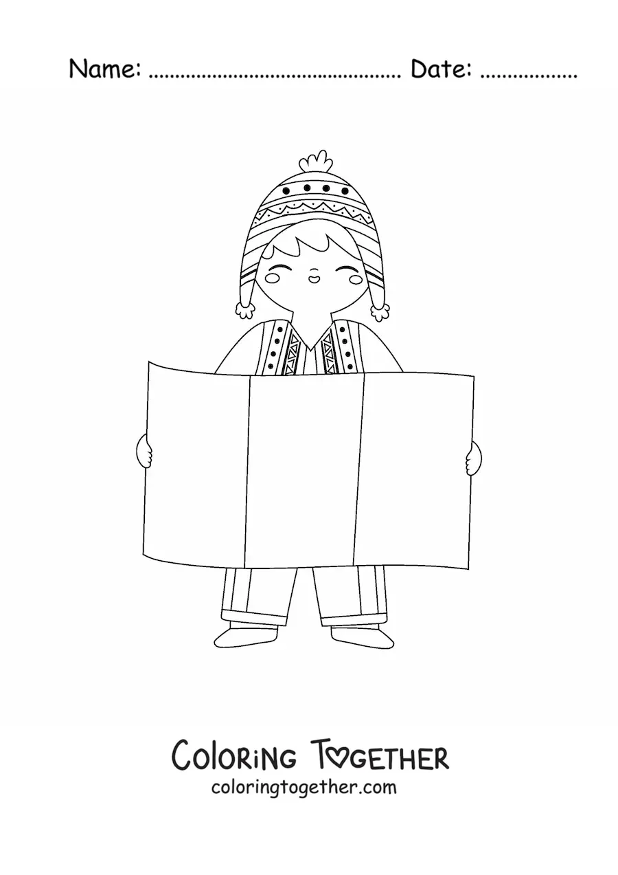 Coloring page of a boy with the flag of Peru without the coat of arms