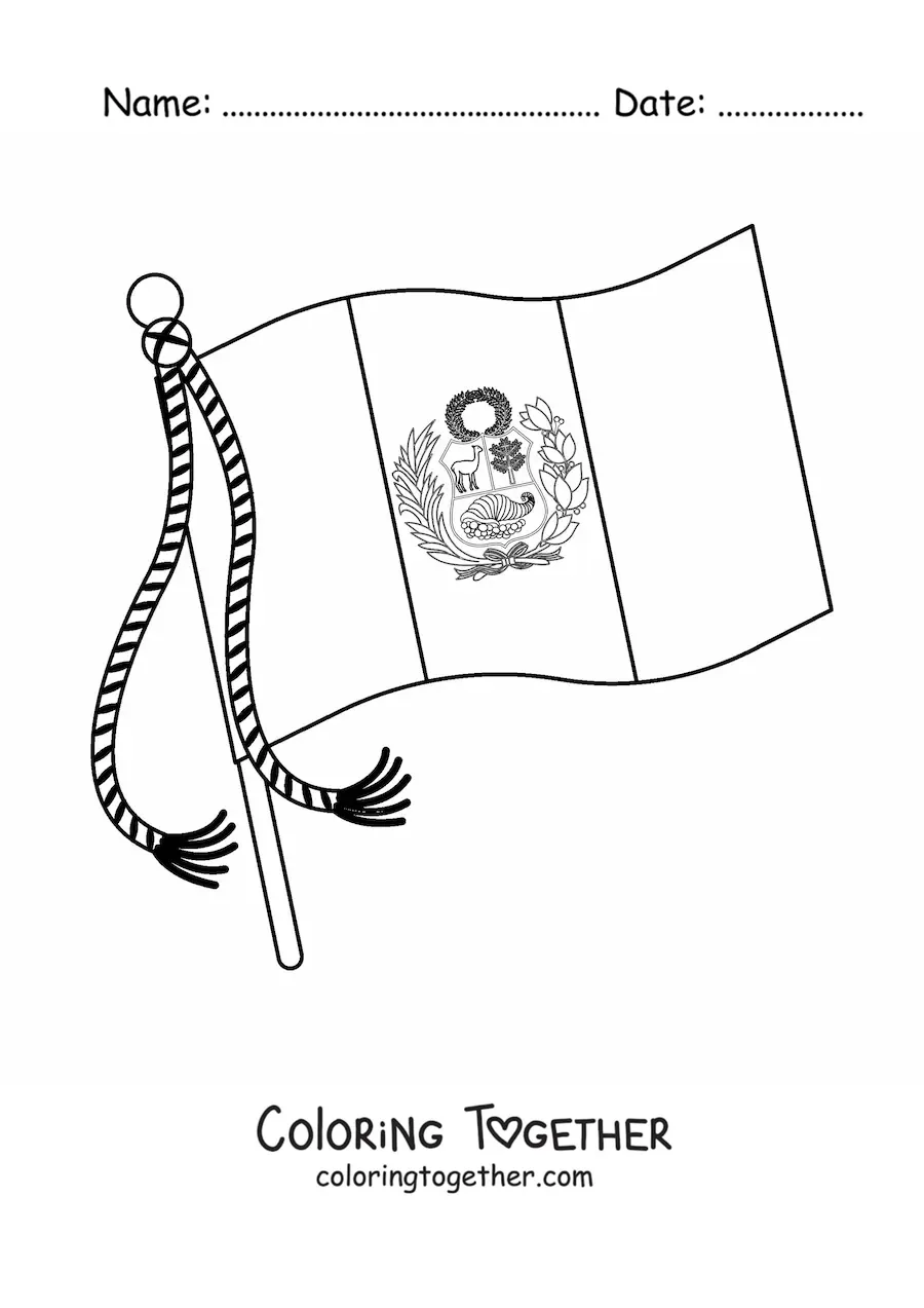 Coloring page of the flag of Peru with the coat of arms waving on a pole