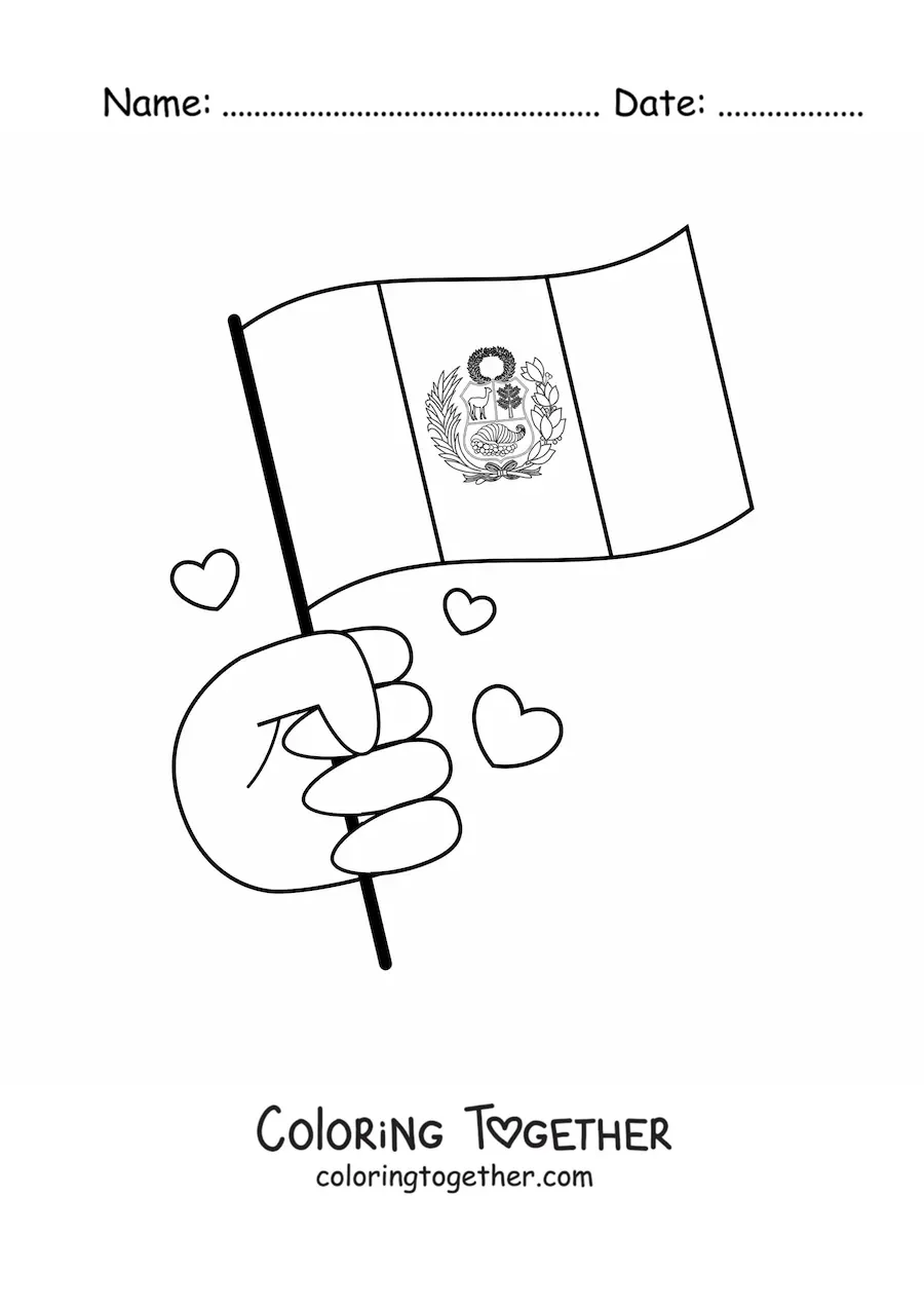 Coloring page of a hand holding the flag of Peru with the coat of arms