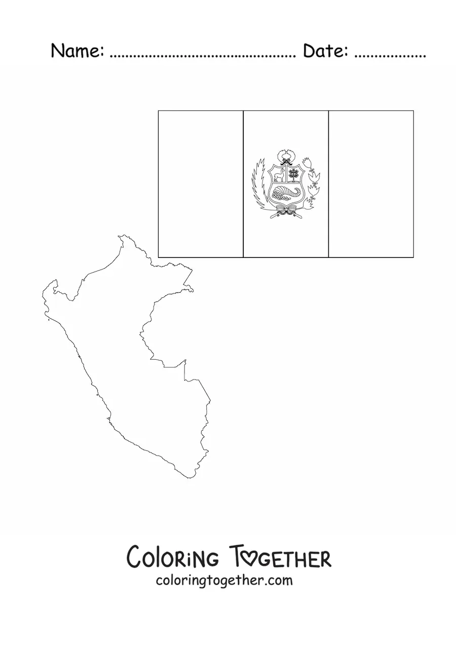 Coloring page of the flag of Peru with a map