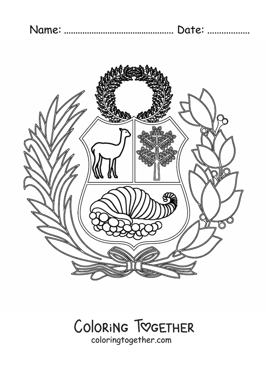 Coloring page of the coat of arms of the Peru flag