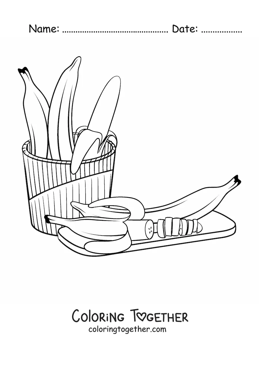 Coloring page of several bananas next to a banana cut into pieces