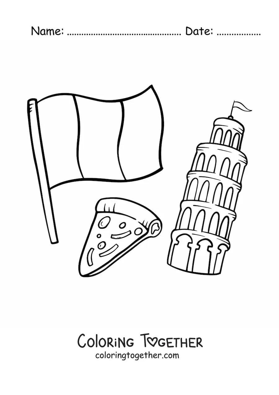 Coloring page of the flag of Italy with pizza and the Tower of Pisa