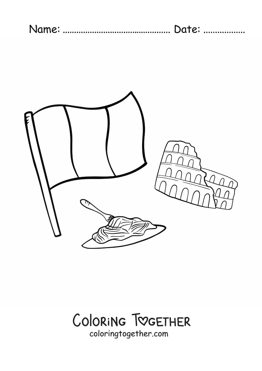 Coloring page of the flag of Italy with pasta and the Roman Colosseum