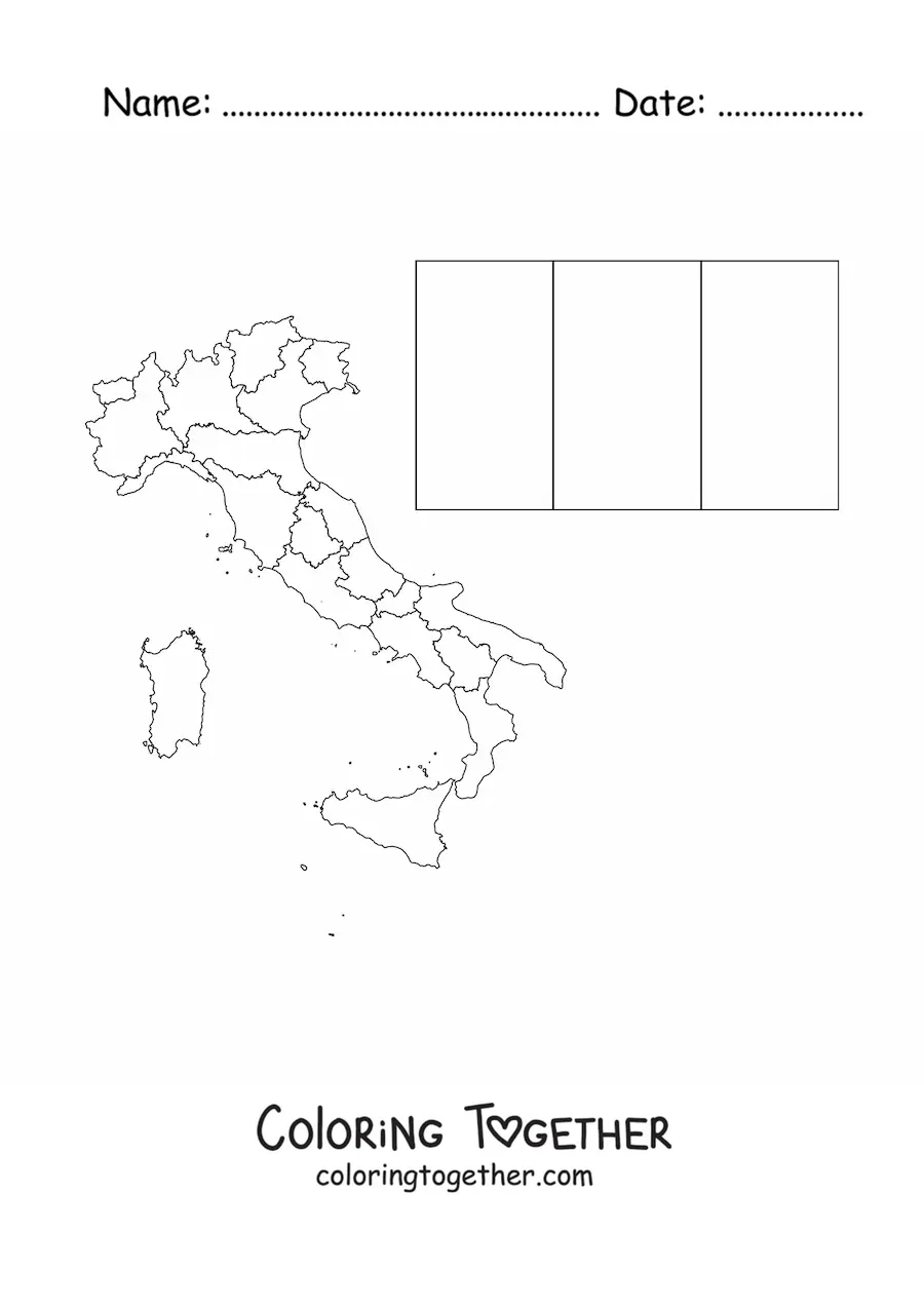 Coloring page of the flag of Italy with a map