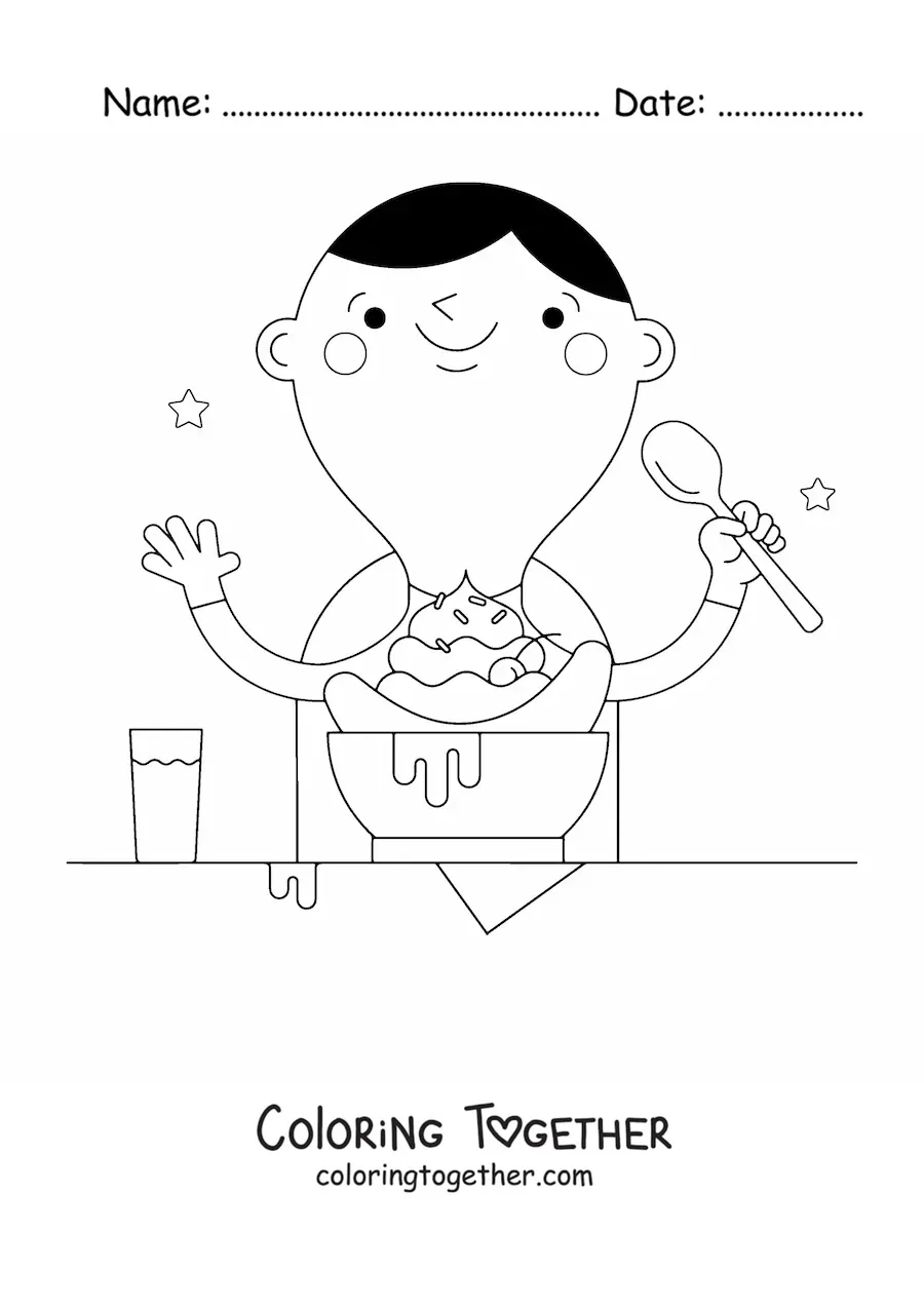 Coloring page of a happy boy eating a banana split