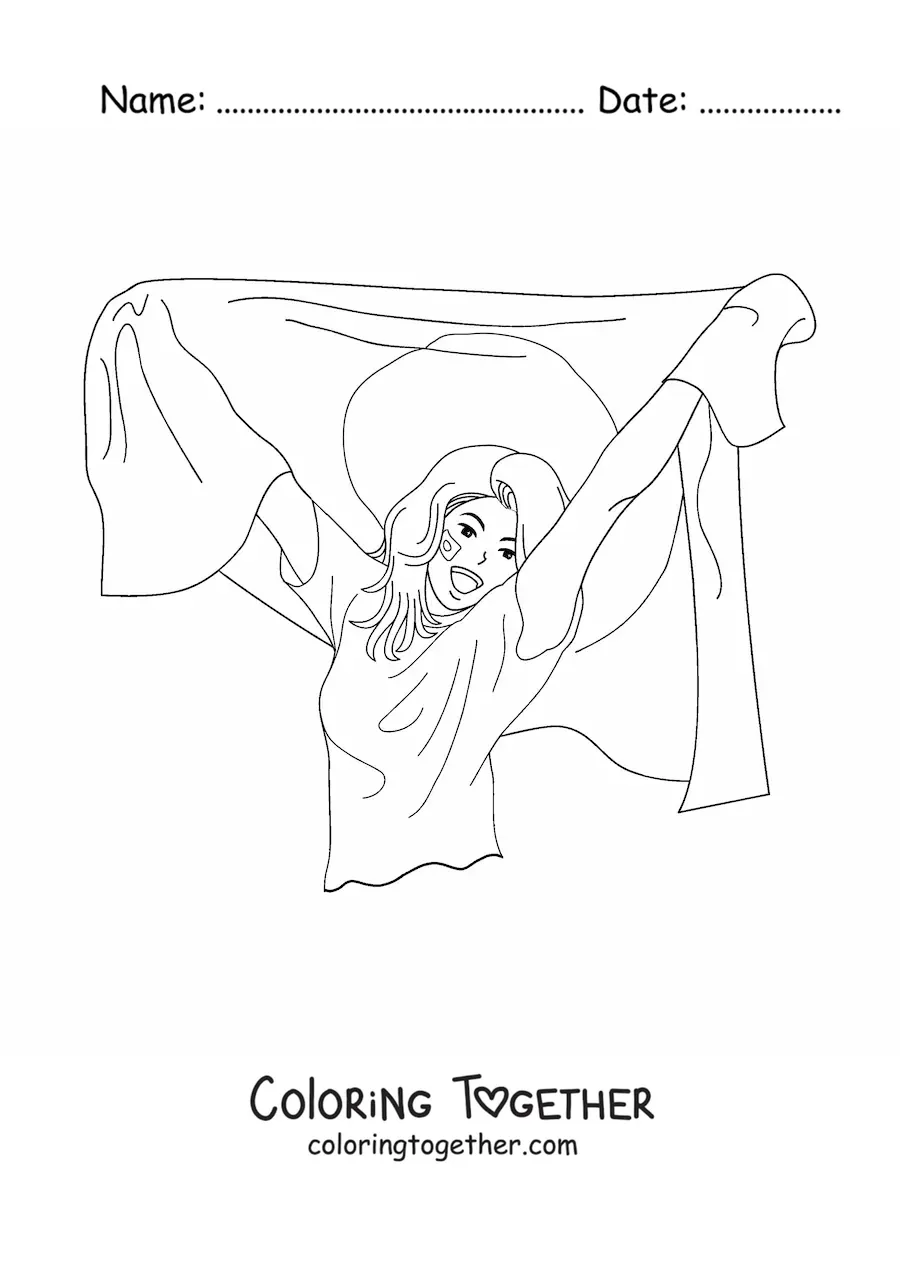 Coloring page of a girl with the flag of Japan