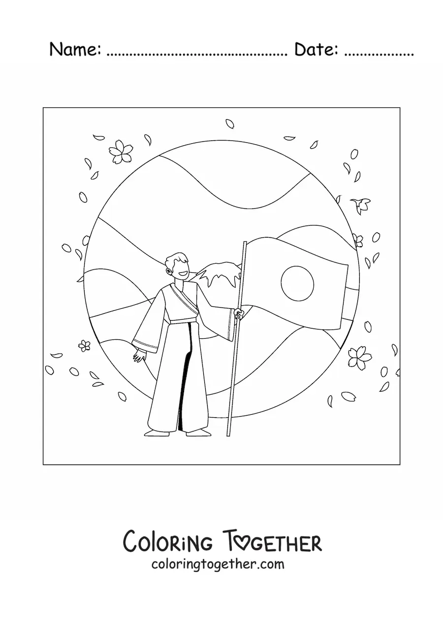 Coloring page of a boy with the flag of Japan and a landscape