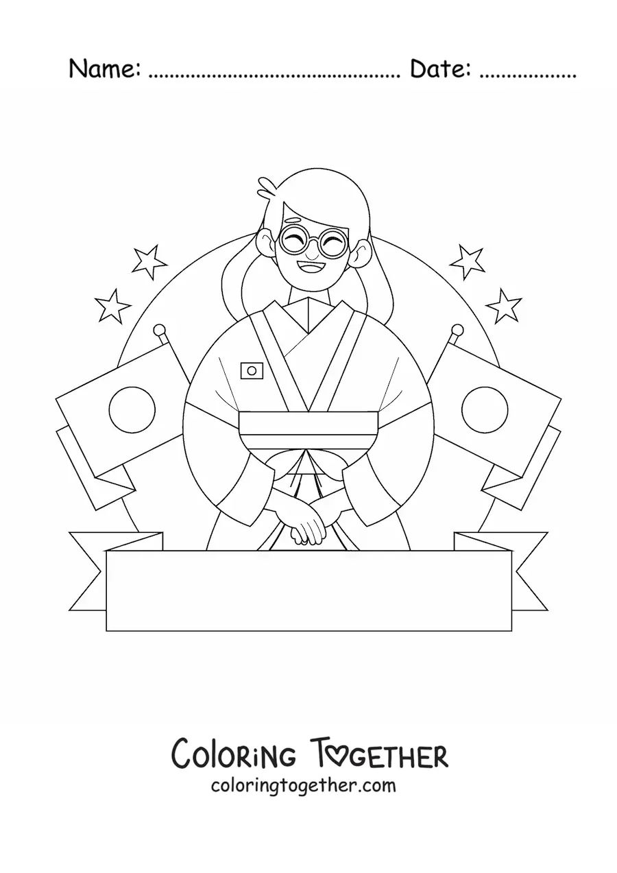 Coloring page of a girl with flags of Japan