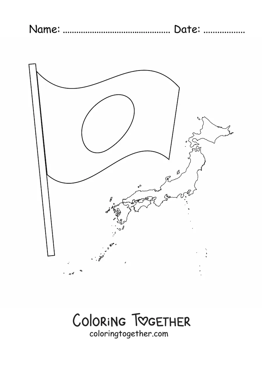 Coloring page of the flag of Japan with a map