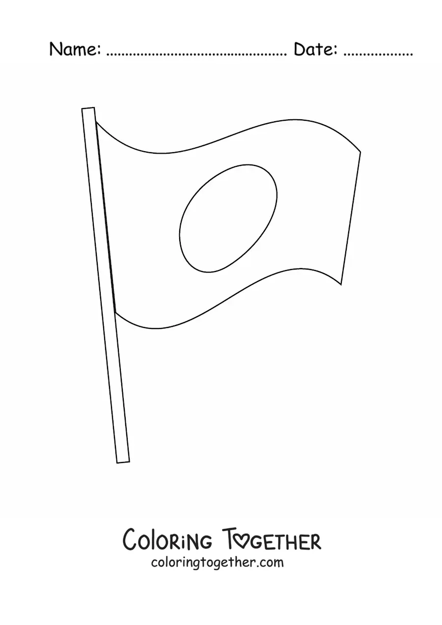 Coloring page of the flag of Japan waving on a pole