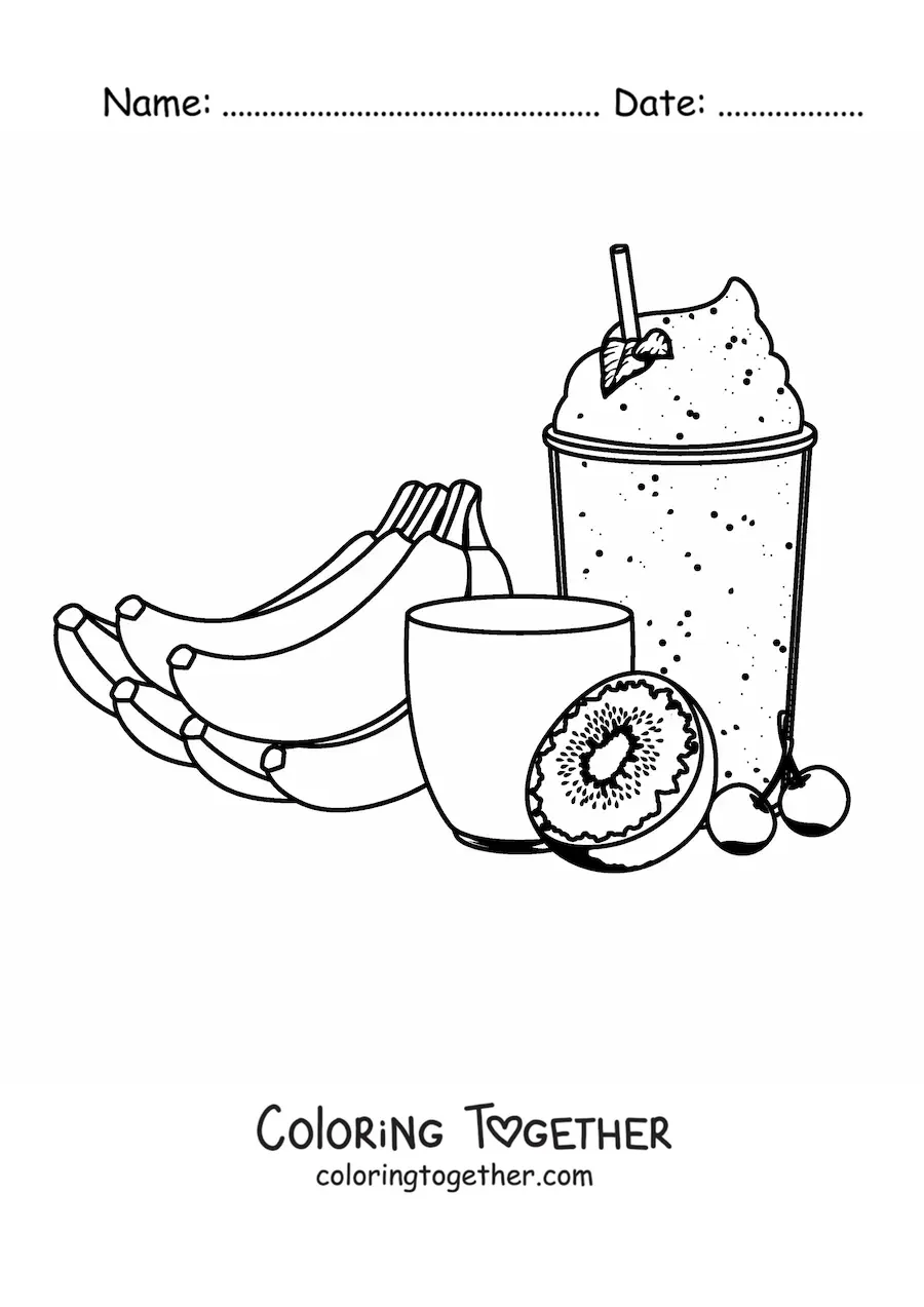 Coloring page of a glass with a banana milkshake topped with kiwi and cherry