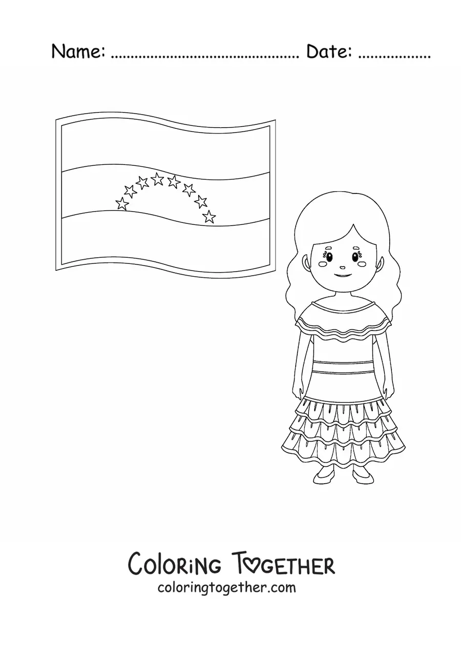 Coloring page of a girl with the flag of Venezuela
