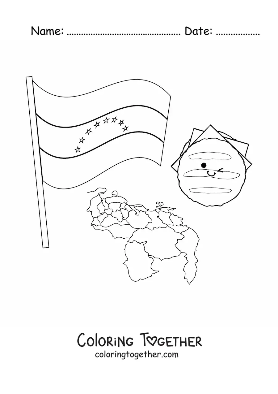 Coloring page of a cartoon arepa with the flag of Venezuela and a map
