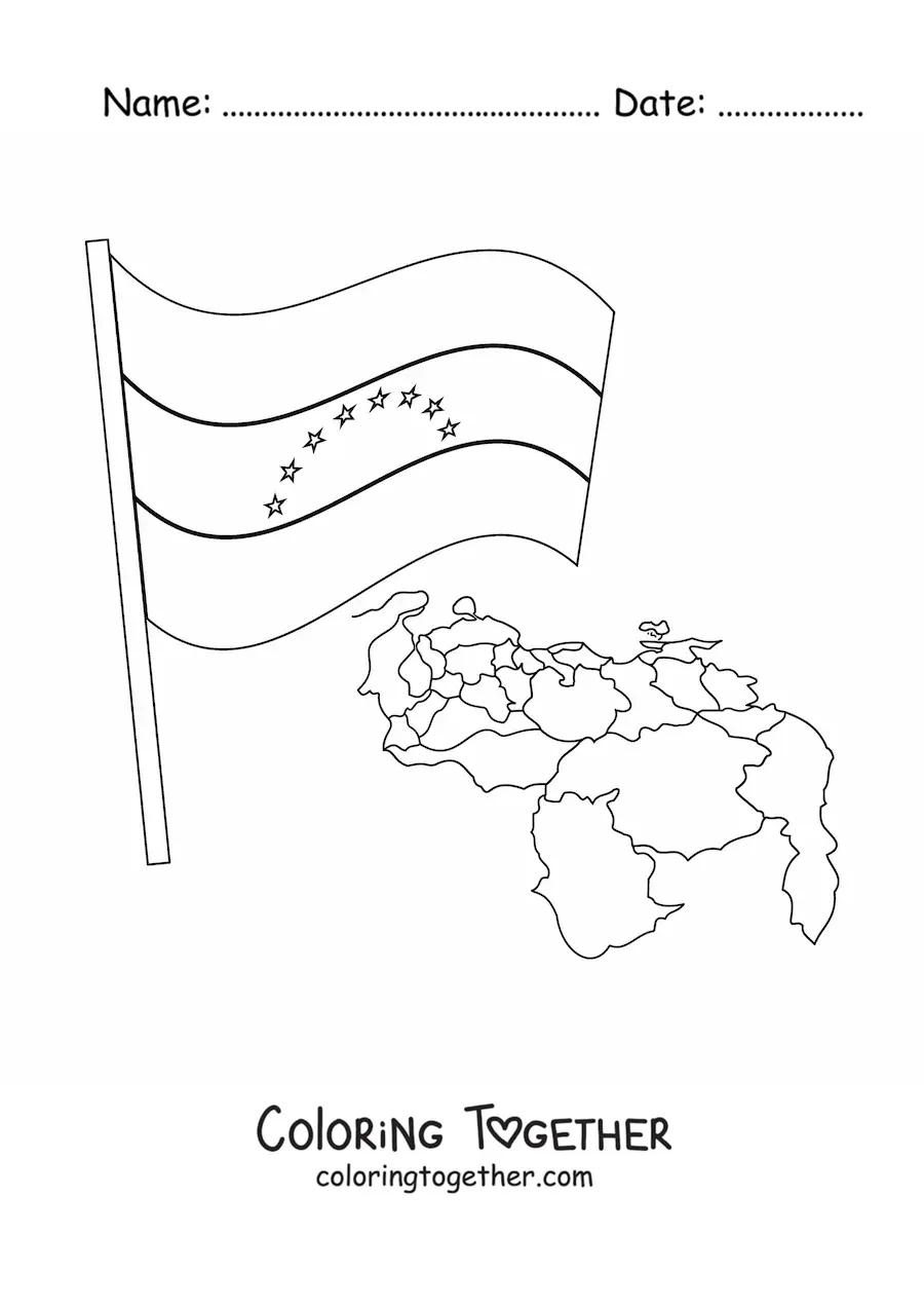 Coloring page of the flag of Venezuela with a map