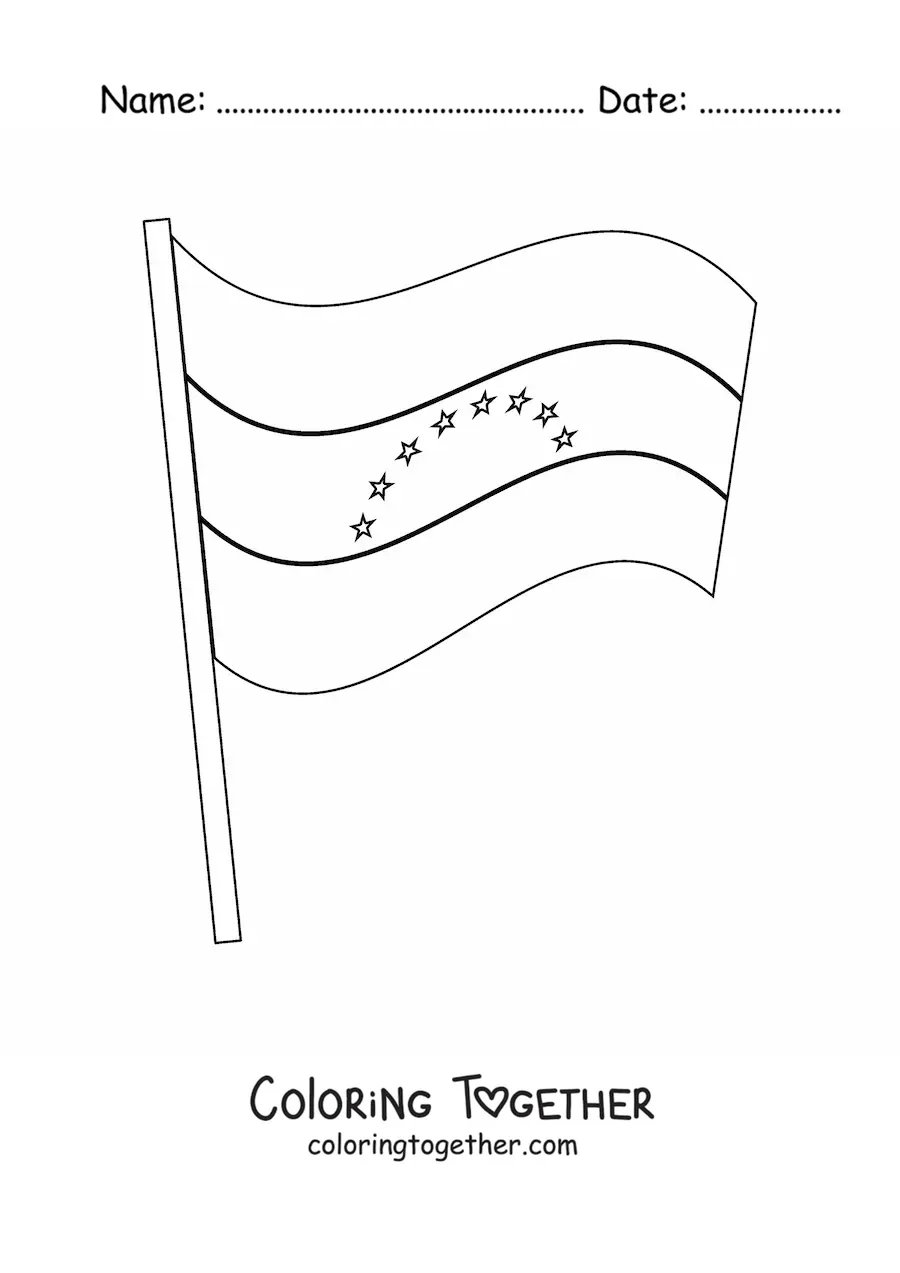 Coloring page of the flag of Venezuela waving on a pole
