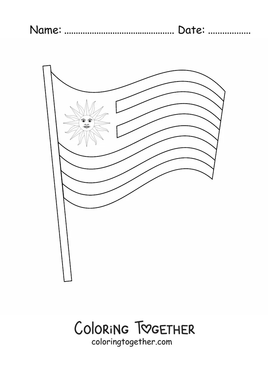 Coloring page of the flag of Uruguay waving on a pole