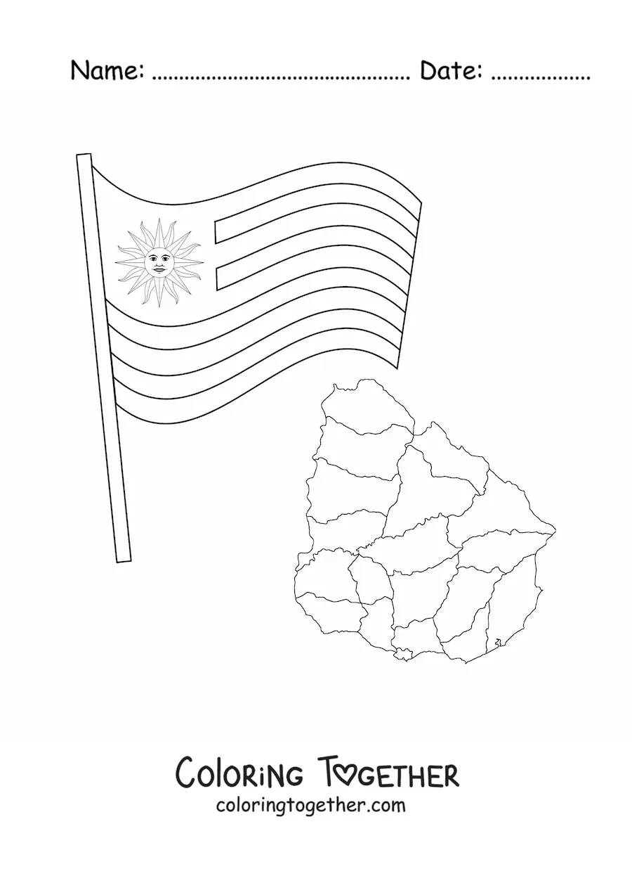 Coloring page of the flag of Uruguay with a map